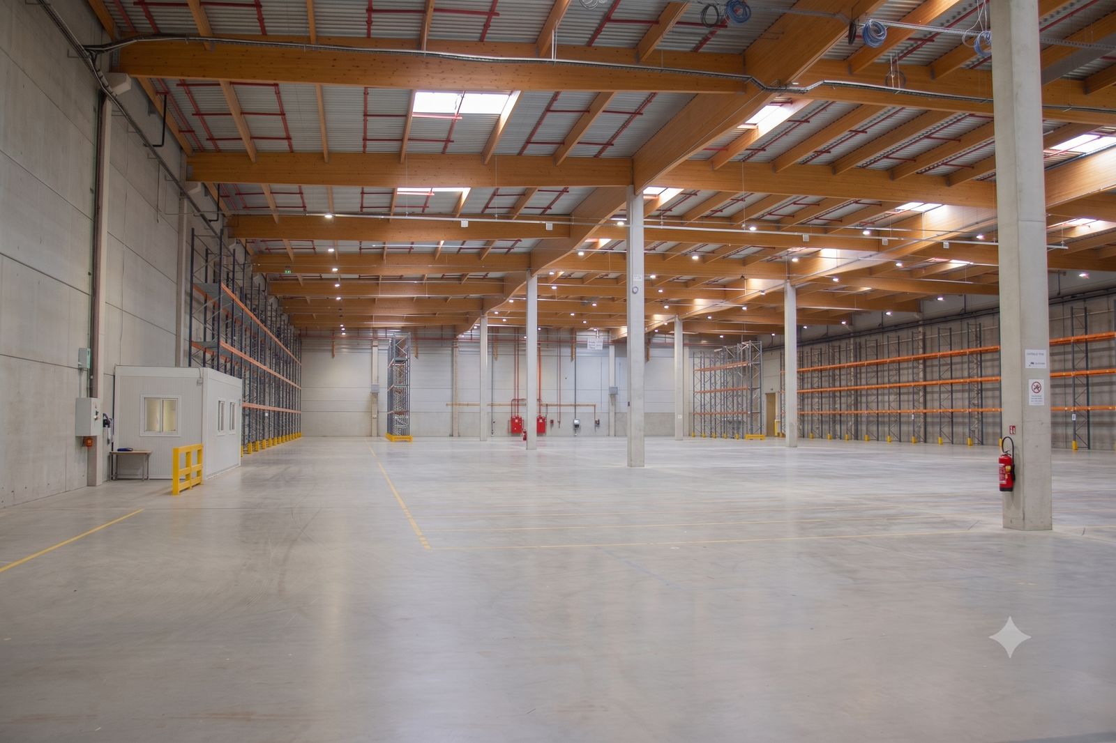 Warehouse interior with timber roof structure